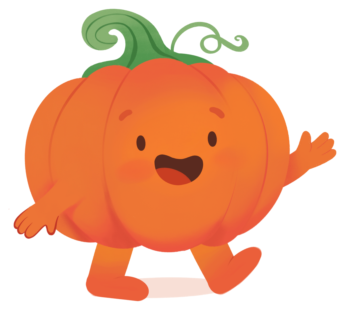 A cute cartoon pumpkin character with a smiling face, waving hand, and small orange legs